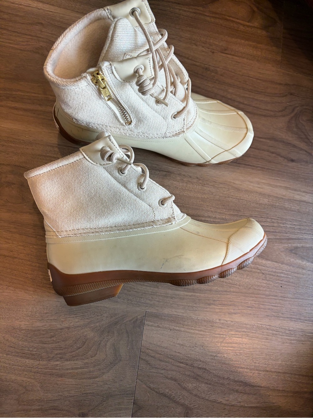 Sperry Cream Canvas and Rubber Lace-Up Duck Boots with Side Zip